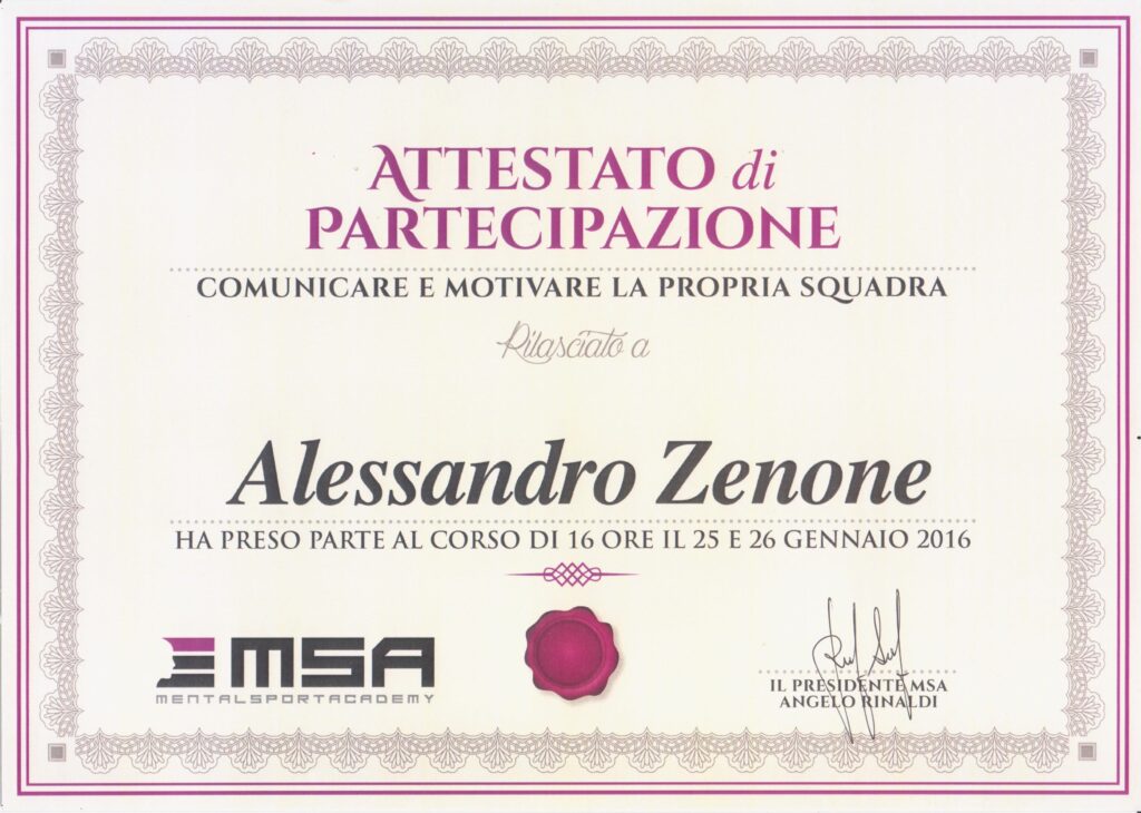 Mr. Alessandro Zenone, diploma corso Comunicare e motivare la propria squadra
